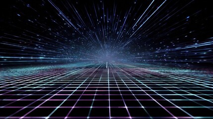 Vibrant digital grid space with glowing lines and starry background creating a sense of depth and movement