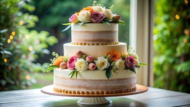 Elegant tiered cake creation with floral decorations and fresh berries luxury dessert art for weddings anniversaries and festive occasions symbolizing joy and love
