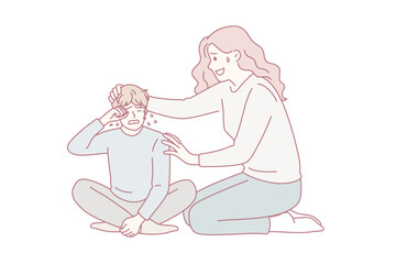 Consoling and communication with children concept. Young loving woman mother sitting and consoling helping to calm down her crying child boy kid vector illustration