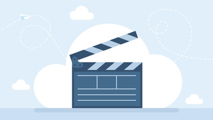 Open clapperboard on white background. Filmmaker's clapboard. Hollywood Film clapperboard. Movie clapboard shape. Camera and action. Cinema or television program production object. Flat illustration