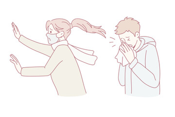 Anxious young woman in facemask scared of sick man sneezing have running nose afraid of covid-19 pandemics. Worried girl terrified by unhealthy male stressed with coronavirus. Vector illustration.