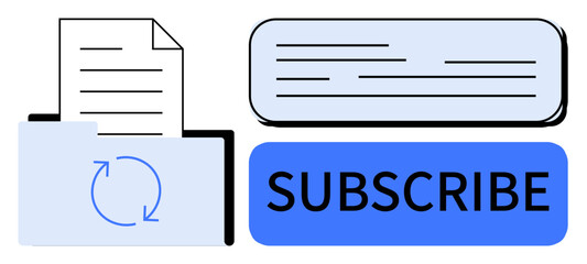 Folder with recycled document icon, text message bubbles, subscribe button. Ideal for email management, newsletters, data storage, digital communication, online updates, information sharing simple
