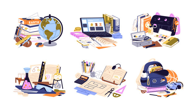School education set. Stationery and books for different subjects, classes and lessons. Backpacks and supplies for learning and studying. Flat isolated vector illustrations on white background