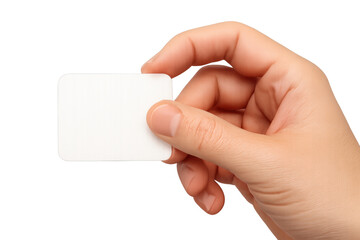 Fototapeta premium Hand holding blank white business card or credit card, presenting empty paper mockup with rounded corners on transparent background