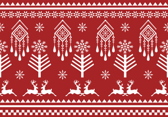Red and White Fair Isle Christmas Sweater Seamless Pattern with Reindeer, Snowflakes, and Tribal Elements