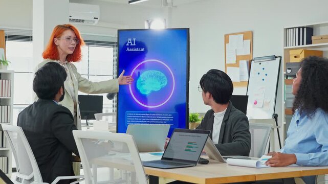 Multiethnic business professionals collaborate in modern office using AI virtual assistant and big data analytics to connect insights, driving strategic innovation through intelligent automation