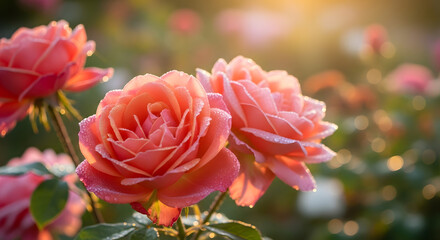 Obraz premium Delicate coral roses adorned with dew drops in soft golden sunlight garden