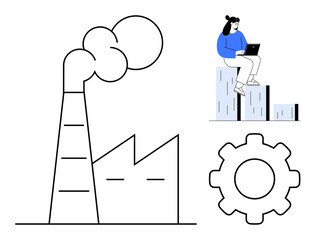 Factory with smokestack, gear icon, and woman sitting on bar chart working on laptop. Ideal for industry, technology, manufacturing, data analysis, business growth research and innovation. Simple