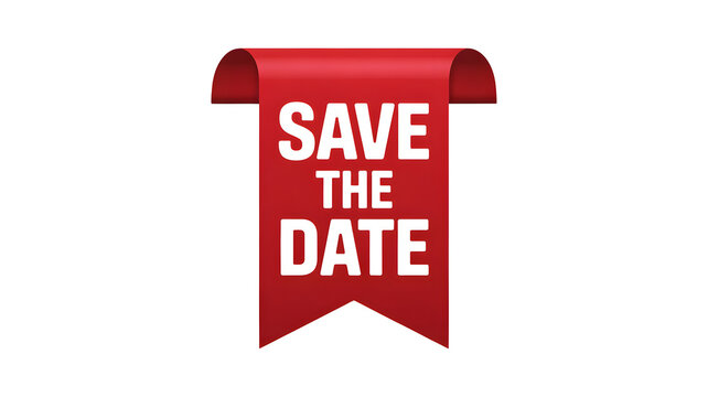 Elegant save the date notice on red ribbon for wedding or special celebration