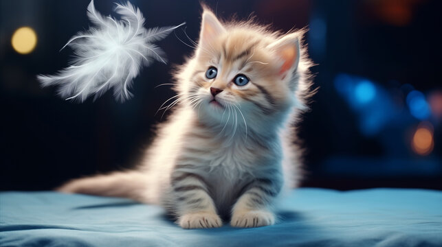 Adorable blue-eyed white feline kitten portrait on a domestic pet bed
