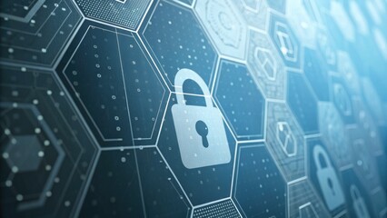 A digital representation of cybersecurity, featuring a padlock icon on a hexagonal grid, symbolizing data protection and encryption.