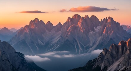 Breathtaking panorama of a sunrise or sunset over the Himalaya mountains, with the peak dusted in snow under a stunning cloud-filled sky