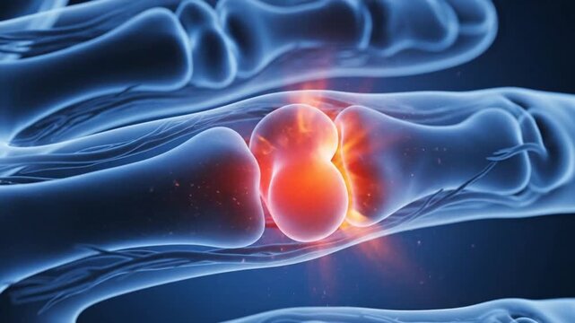 Closeup 3D medical illustration of inflamed finger joint showing pain and inflammation.