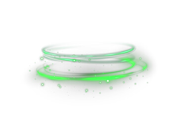 Green glowing ring with bright neon light and circular motion. Abstract particle swirl forming futuristic sci-fi portal or energy field for digital technology backgrounds.