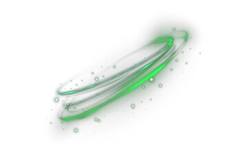 Glowing green neon circle with motion speed lines and light trail. Abstract futuristic ring with energy swirl and luminous particles on black background for modern tech vector design.