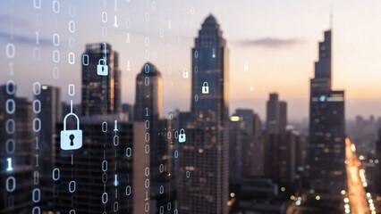 A digital cityscape with binary code and padlock icons, symbolizing cybersecurity and data protection against a sunset backdrop.