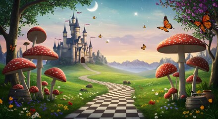 Alice in Wonderland theme poster, a Checkered Path. Magical Animation Footage, Motion Graphics, Fantasy Landscape with Mushrooms, Castle, Butterflies, Background, wallpaper