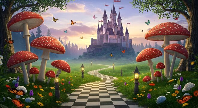 Alice in Wonderland theme poster, a Checkered Path. Magical Animation Footage, Motion Graphics, Fantasy Landscape with Mushrooms, Castle, Butterflies, Background, wallpaper