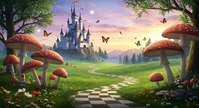 Alice in Wonderland theme poster, a Checkered Path. Magical Animation Footage, Motion Graphics, Fantasy Landscape with Mushrooms, Castle, Butterflies, Background, wallpaper