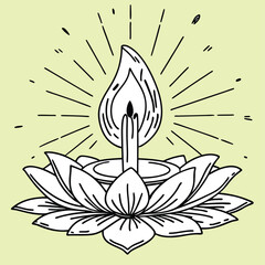 Radiant candle flame on lotus flower with glowing light rays in peaceful spiritual style