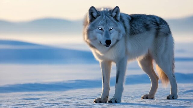 Polar Sky Wolf, Arctic wolf species with blue-gray fur reflecting sky light on frozen tundra at sunrise, realistic wildlife photo