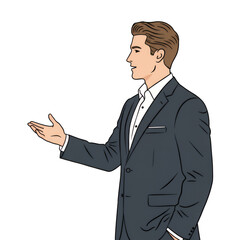 a businessman with an expression explaining something, plain white background.