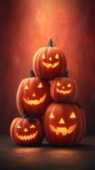 Obraz premium Ghostly glare: bewitched pumpkins with mysterious eyes. Hero shot. Ghostly gathering: eight evil-faced jack o lanterns with suspicious eyes. Color background. Product showcase.