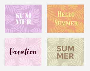 Four colorful summer posters or cards with palm leaf patterns and the word 