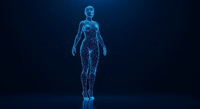 Abstract digital human body. Polygonal wireframe silhouette. background, A  futuristic man or woman model. 3D vector illustration, Low poly anatomy blue background.