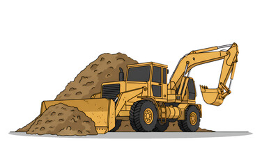 A combination of a bulldozer and an excavator in one vehicle. Isolated on a white background.