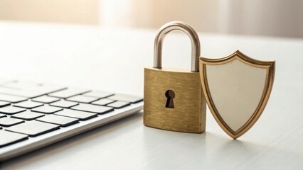 A golden padlock and shield symbolizing security sit beside a keyboard on a desk, reflecting themes of digital safety and protection.