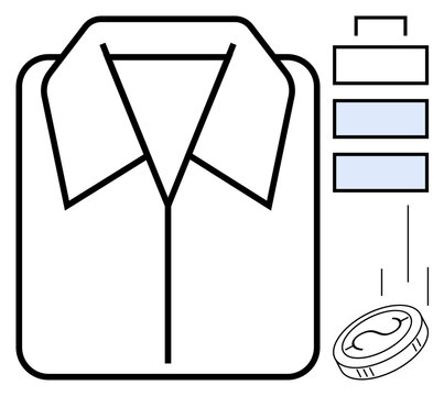 Collar shirt outline, coin dropping, and program menu bars in minimalist style. Ideal for laundry, dry cleaning, service options, budgeting, savings efficiency cleanliness. Simple flat metaphor