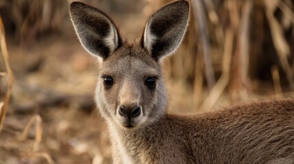 Fototapeta premium Young kangaroo seen in the wild during the late afternoon in Australia amidst dry grass and foliage