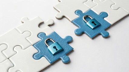 Fototapeta premium Two puzzle pieces connect, each featuring a blue padlock, symbolizing security, collaboration, and problem-solving.