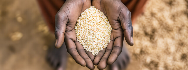 Hands of an African person holding grains of rice.