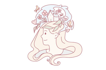 Smiling woman imagine visualize dreams or plans in head. Happy motivated dreamy girl engaged in process or creative thinking. Visualization, inspiration concept. Flat vector illustration.