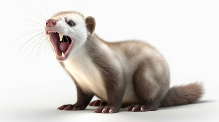 Fototapeta premium Domestic ferret (Mustela putorius furo) isolated on a white background, a furry animal pet with brown and white fur