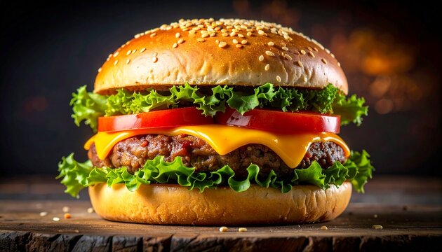 Classic hamburger with sesame bun, beef patty, melted cheese, fresh lettuce, and sliced tomato on a rustic wooden surface.