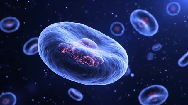 Microscopic View of Malaria Parasite Inside Red Blood Cells in Dark Blue Background Animation for Medical Presentation and Scientific Education Purpose at Cellular Level