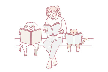 Reading book and funny education concept. Smiling positive girl funny dog and cat sitting on bench reading books together enjoying time vector illustration