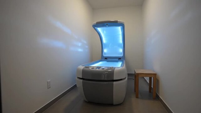 Modern Hyperbaric Chamber in White Room with Blue Interior Lighting for Medical Treatment and Therapy Session Setup with a Wooden Stool in Clinical Ambiance and Neutral Background