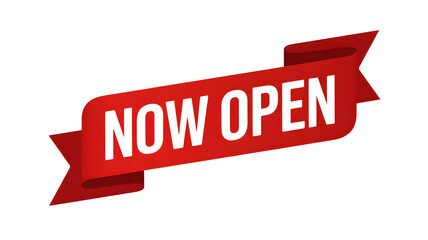 Grand opening red ribbon banner for new store or business, now open message