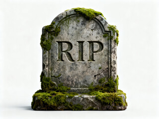 An old weathered tombstone covered in green moss with the letters rip carved into its surface.