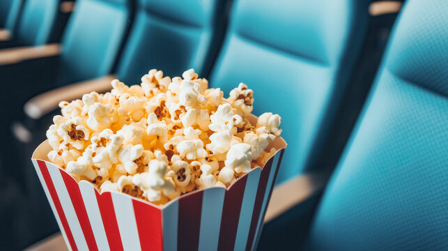 Fresh popcorn in a striped box in a cinema with blue seats. - Powered by Adobe
