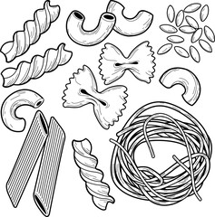 Italian cuisine. Set of different types of pasta. Farfalle, penne, spaghetti, elbow pasta, orzo and fusilli. Various noodles types. Vector black and white outline illustration