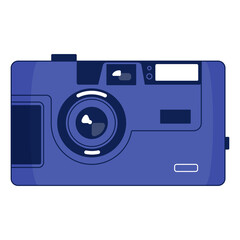 Retro Disposable Camera With Blue Body And Built In Flash In Front View Perspective Against White Background