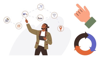 Man pointing at interconnected supply chain icons with delivery, warehouse, and logistics elements. Ideal for business planning, operations, supply chain management, logistics, team collaboration