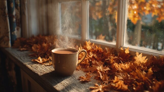 Embracing the warmth of cozy fall mornings with a cup of tea. Breaking news. Artful blend of fall colors, a cup of coffee, and subtle halloween charm. Simple life. Real vibe.