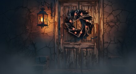 Eerie Doorway with Wreath and Lantern in Foggy Setting.