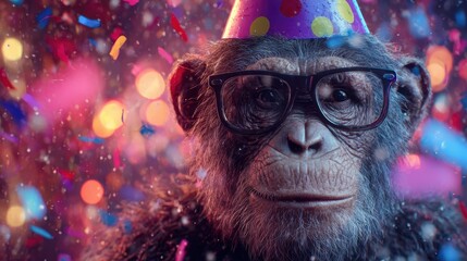 Monkey wearing glasses and party hat surrounded by colorful confetti and lights during celebration event